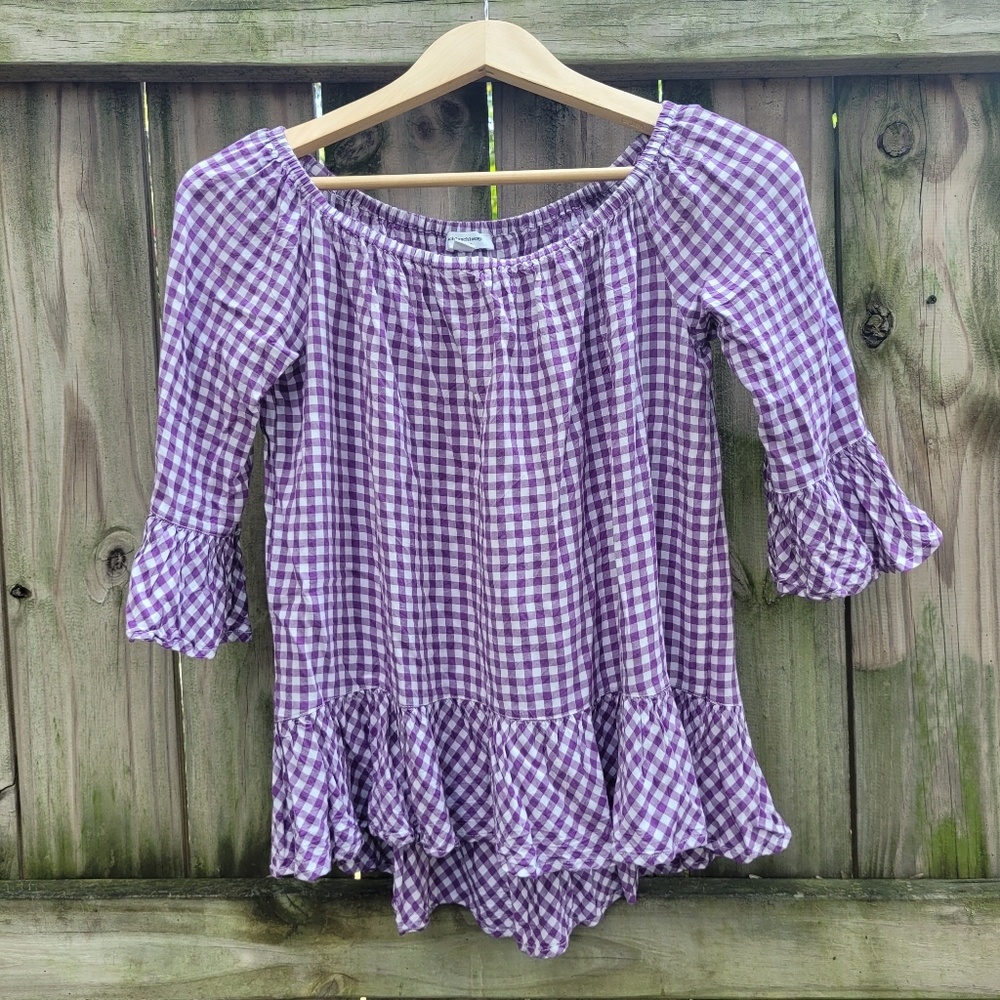 Beach Lunch Lounge Purple Gingham Checked Peplum‎ Top Size Small
